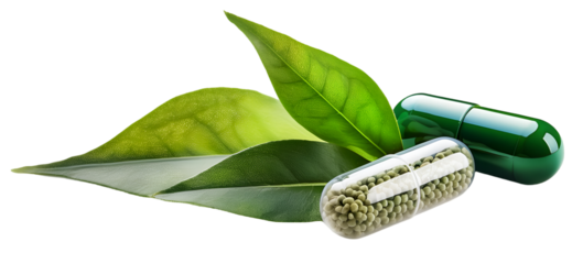 Herbal medicine capsule isolated on a transparent background, PNG."