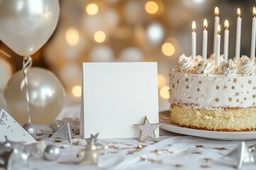 Pearl Themed Birthday Table Setting with White Card and Bunting, Perfect for Celebrations and Parties Generative AI