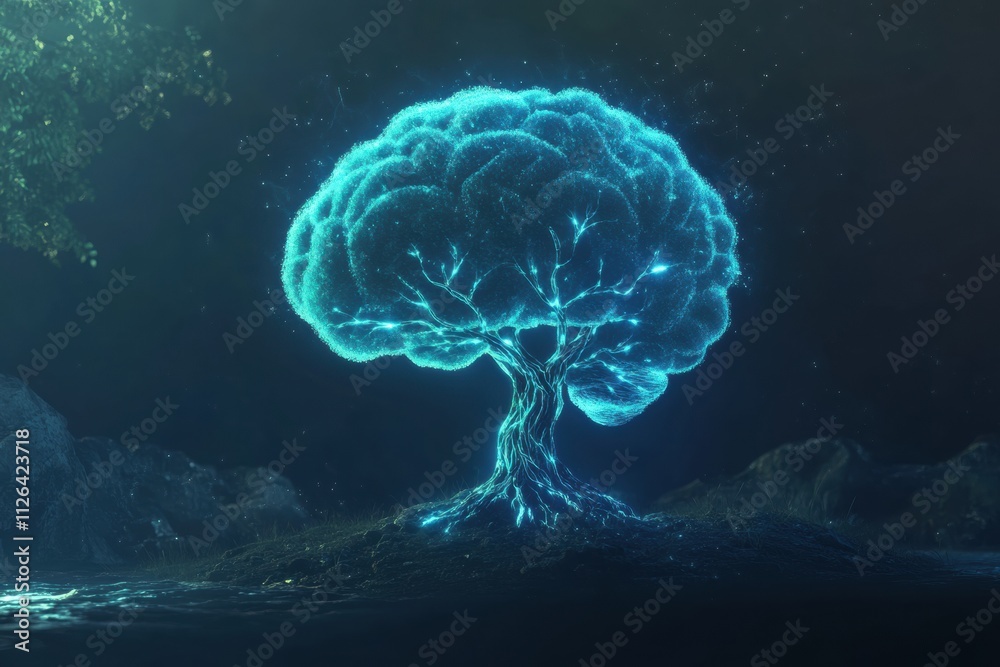 Poster A brain is gradually changing into a glowing tree, featuring bright neural branches and roots that convey the essence of growth and knowledge. Generative AI