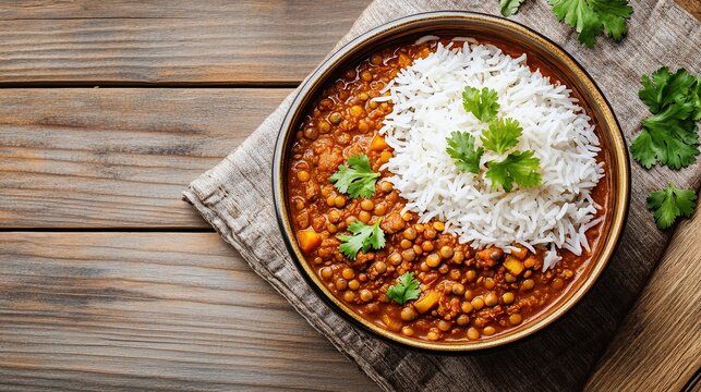 Top view of lentil curry with rice on rustic wood background