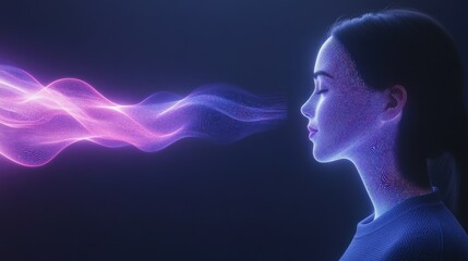 A digital silhouette of a woman emerges against a dark background, featuring vibrant, flowing patterns that symbolize breath and energy.