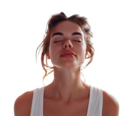 Woman doing breathing exercises with closed eyes, relaxing and meditation. Calm girl enjoying fresh air, gymnastic, healthy yoga. Deep breath through nose for brain. Isolated on transparent background
