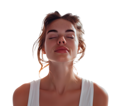 Woman doing breathing exercises with closed eyes, relaxing and meditation. Calm girl enjoying fresh air, gymnastic, healthy yoga. Deep breath through nose for brain. Isolated on transparent background