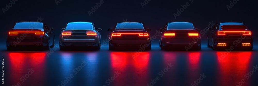 Aufkleber a row of vibrant led car headlights and tail lights shines against a dark background, ideal for high