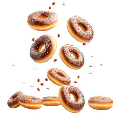Delicious donuts in free fall, showcasing colorful sprinkles and sweet treats in a mouthwatering composition, perfect for dessert or snack concepts, PNG image, Cutout, Isolated on white background