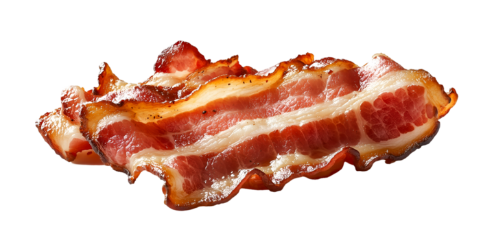 Crispy, savory bacon strips, a culinary delight showcasing the perfect balance of smoky, salty, and delicious flavor, PNG image, Cutout, Isolated on white background