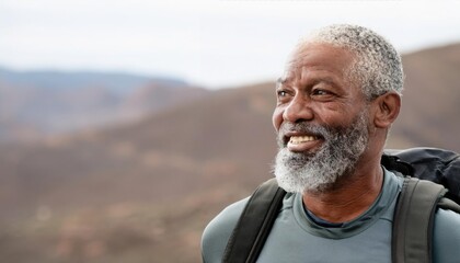 Fototapeta premium Man on his 50s enjoying outdoors activity, shallow focus, hiking sport, smiling sports man, self-improvement, copy space