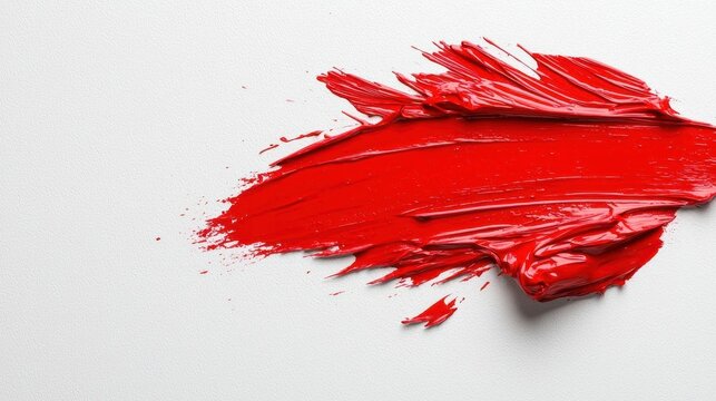 A photostock of freshly painted red brushstrokes smeared dynamically on a white background, symbolizing creativity and art themes. High Quality