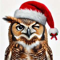 Obraz premium funny owl with tilted head in santa claus hat on white isolated background 