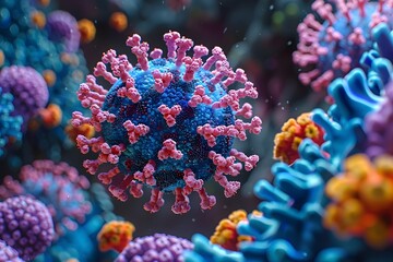 Vivid 3D Rendering of Viruses with Pink and Blue Spikes for Scientific Visualization