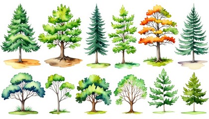 Diverse watercolor trees collection: seasonal variations and lush foliage