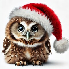 Obraz premium funny owl with tilted head in santa claus hat on white isolated background 