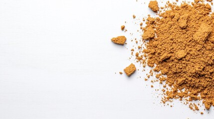 A photostock of golden breadcrumbs sprinkled randomly on a white surface, ideal for food preparation and baking visuals. High Quality