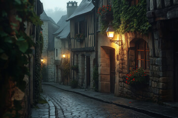 Fototapeta premium Medieval Village Street at Night with Stone Buildings and Lanterns in Foggy Atmosphere
