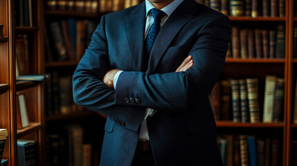 The midsection of a lawyer standing against a bookshelf.