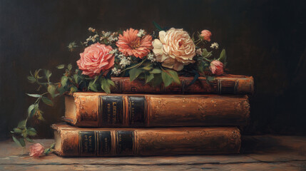 stack of books with flowers in the center, by jean-luc almond, vintage oil painting, cottagecore style, dark background, romantic and nostalgic theme, soft brush strokes, muted colors, hyper realistic
