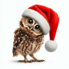 Obraz premium funny owl with tilted head in santa claus hat on white isolated background 