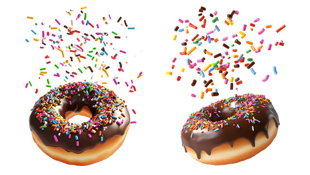 Two delicious donuts with chocolate glaze and colorful sprinkles, representing indulgence, sweetness, and tempting treats, PNG image, Cutout, Isolated on white background