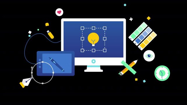 Creative 2D animation featuring graphic design elements like a pen and color palette, set against an alpha channel for use in design projects. Ideal for showcasing design tools and creative workflows.