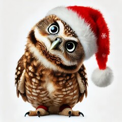 funny owl with tilted head in santa claus hat on white isolated background
