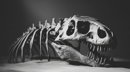 Ancient skeleton fossil showcasing paleontology and natural sciences in a dramatic black and white setting highlighting detailed bone structure