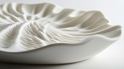 Elegant white porcelain plate featuring intricate textured design and soft curvatures, perfect for upscale dining and decorative settings.