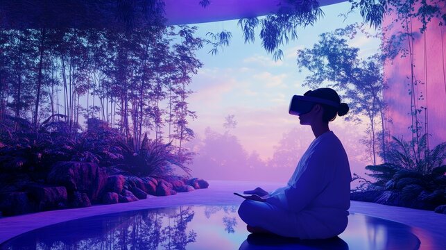 Person wearing headset meditates in virtual forest.