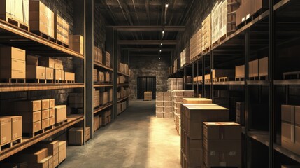 Obraz premium Modern warehouse interior filled with neatly organized storage boxes and shelves for efficient inventory management and logistics operations