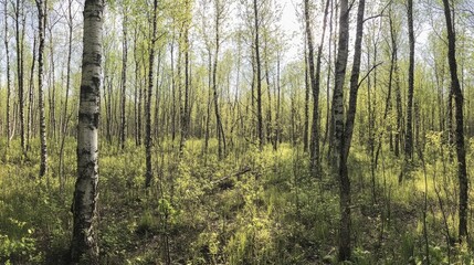 Fototapeta premium Spring forest with fresh green foliage sunlight filtering through trees in a vibrant natural landscape depicting seasonal change.
