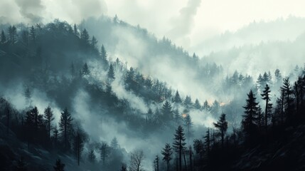 Misty forest landscape with smoke rising from a fire over distant hills creating a dramatic atmospheric scene