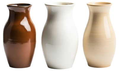 Three ceramic vases in brown, white, and beige colors