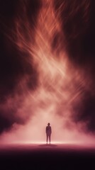 A solitary figure stands in a mystical haze, illuminated by vibrant light, evoking a sense of wonder and introspection in an ethereal atmosphere.