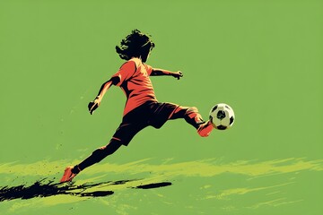 Dynamic soccer player striking a ball on a vibrant green background during a match