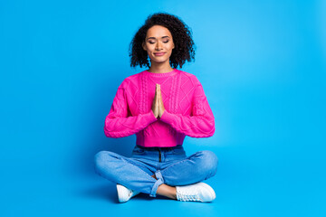 Full length photo of lovely young lady pray meditate gesture dressed stylish pink garment isolated...