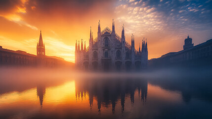 Obraz premium The Milan Cathedral at sunrise in Italy.