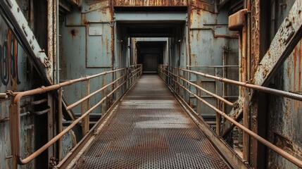 Rusty steel walkway creating an eerie atmosphere between industrial buildings in a desolate environment