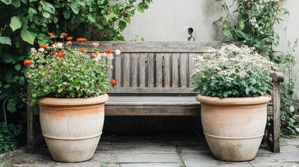 Garden bench with two large flower planters surrounded by lush greenery creating a serene outdoor relaxation space.