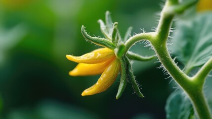 Tomato flower blossom in a greenhouse showcasing agricultural growth and horticultural beauty.
