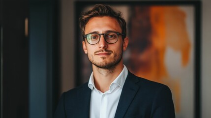 Young man, glasses, suit, serious expression, indoor.
