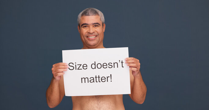 Portrait, smile and man with poster for body positivity in studio, acceptance or topless with space. Face, confident or mature person with sign for pride, size or self love message on dark background
