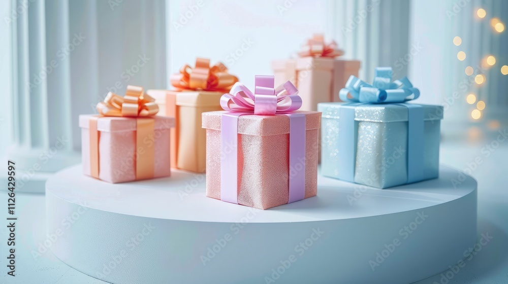 Poster Multiple colorful gift boxes arranged neatly on a white podium, each wrapped in vibrant glossy paper with intricate ribbons, surrounded by a soft light on a clean background.