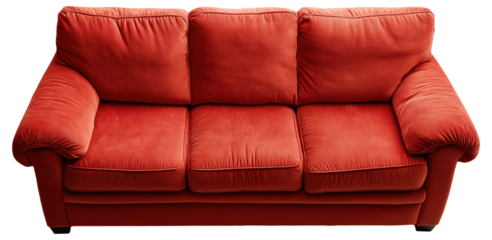 PNG Red upholstered sofa with three cushioned seats