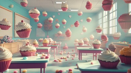 A whimsical classroom filled with floating cupcakes and candy, creating a playful atmosphere.