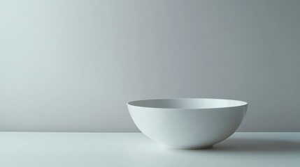 Fototapeta premium Minimalist white bowl placed on a clean white surface, isolated against a softly lit background, perfect for culinary or product photography, simplicity, modern design.