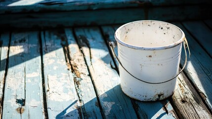 Old white paint bucket on weathered wooden floor with peeling blue paint textures and natural shadows highlighting its rustic charm