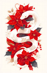 Beautiful Christmas and Chinese New Year 2025 illustration with white snake and poinsettia Christmas star red flowers. Elegant and artistic poster design.