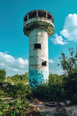 A tall, rusted tower with graffiti on it