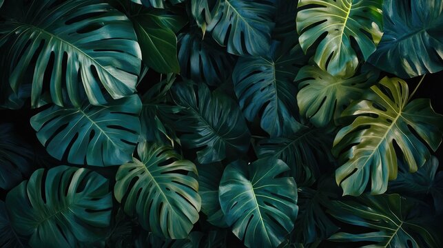 Lush tropical green leaf background showcasing diverse foliage textures and vibrant shades for design and nature themes.