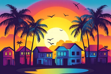 A vibrant sunset scene featuring colorful houses and palm trees by a reflective pond.