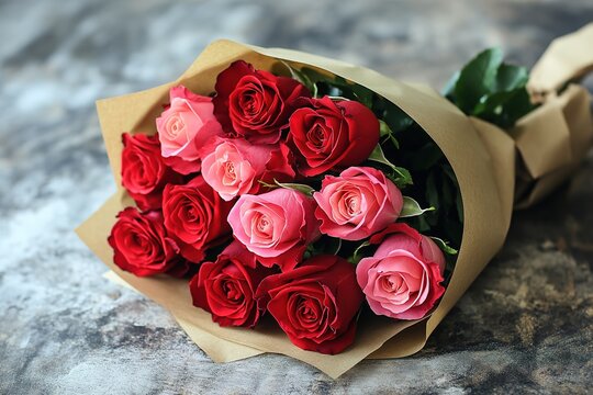 bouquet of red and pink roses wrapped in kraft paper lies on rustic table softly lit and surrounded by generous copy - Powered by Adobe